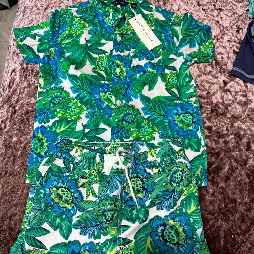 Janie and Jack Green Floral Kids Matching Set